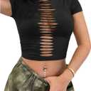 WDIRARA Women's Cut Out Ripped T-Shirts Crew Neck Short Sleeve Tee Going Out Crop Top (Large, Black)