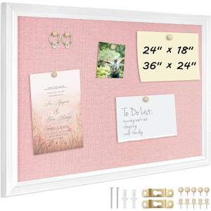 DOLLAR BOSS Bulletin Board with Linen 24'' x 18'' White Framed Cork Boards for Walls, Photo Display Pin Board, Decorative Corkboard for Office Home School Girls Dorm Decor with 10 Pushpins, Pink