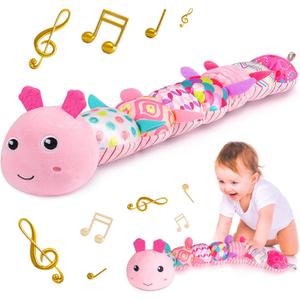 Sumobaby Infant Baby Musical Stuffed Animal Activity Soft Toys with Multi-Sensory Crinkle, Rattle and Textures, for Tummy Time Newborn 0-3-6-12 Months Girls, Caterpillar, Pink