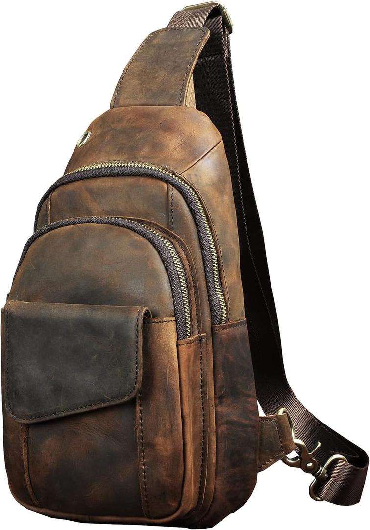 Le'aokuu Men Outdoor Casual Travel Hiking Tea Crossbody Chest Sling Bag Rig One Shoulder Strap Bag Backpack Men Leather (A 8013 Dark Brown)