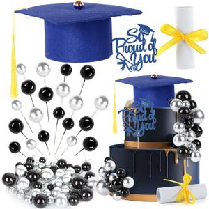 43Pcs Graduation Cake Kit Included Felt Grad Cap with Tassel Silver Black Ball Graduations Party Supplies So Proud of You Cupcake Topper for Congrats Senior High School College Parties Decor(Blue)