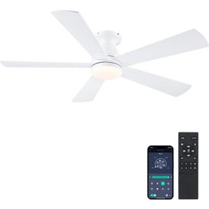 52in Ceiling Fans with Lights - White Flush Mount Ceiling Fan Light with Remote, 6 Wind Speeds and Reversible, Modern Low Profile Fan Light for Indoor/Covered Outdoor