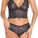 Pants for Women Sexy Lace Bra and Panty Set Bralette Lingerie 2 Piece Babydoll Bodysuit (2XL, Navy Blue)