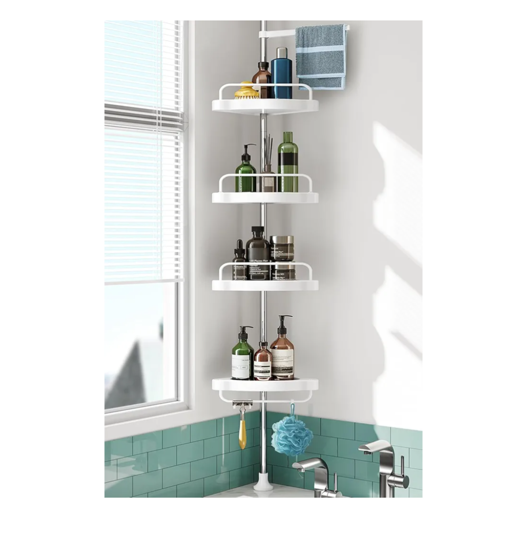 Corner Shower Caddy Tension Pole: Rust Proof 4Tier Shampoo Storage Organizer for Inside Shower - Telescoping Rod Shower Rack for Bathroom and Bathtub - Restroom Floor Standing Bath Rack Holder