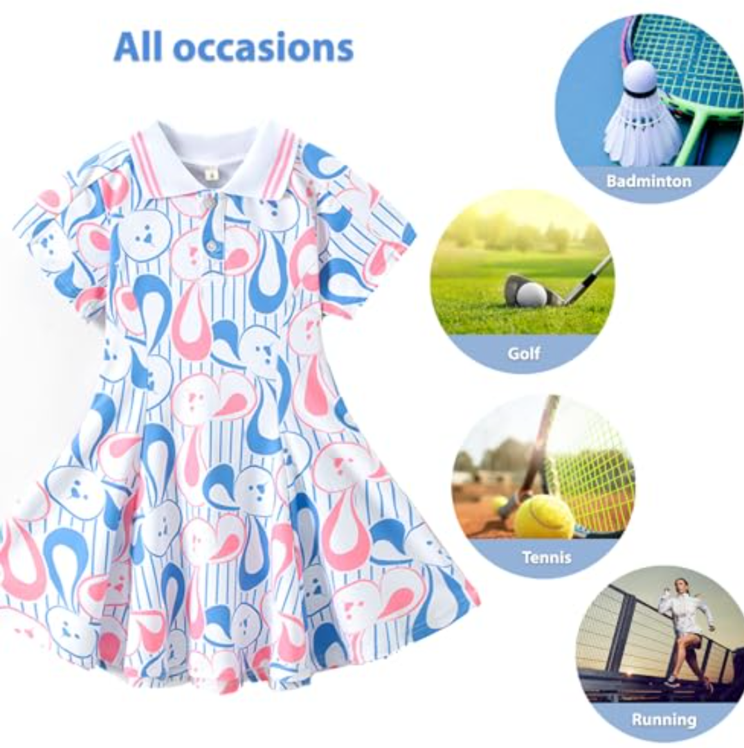 Asegi Girl's Active Sport Dress, Girl's Tennis Dress, Short Sleeve, UPF 50+ Activewear Athletic Polo Golf Dresses, Size 120
