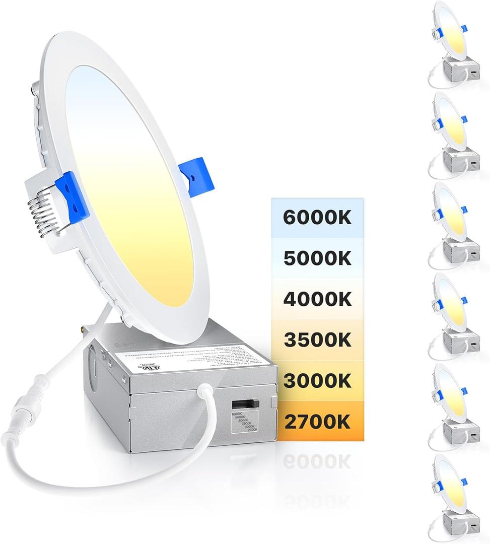 Ensenior 6 Pack 6 Inch Ultra-Thin LED Recessed Light with Junction Box, 2700K-6000K Selectable, 12W 110W Eqv, Dimmable, 1200LM High Brightness - ETL Certified (2700/3000/3500/4000/5000/6000k - 6cct White)