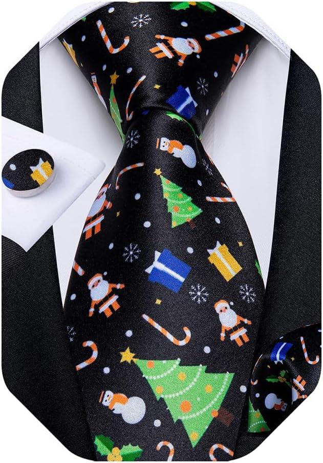 DiBanGu Christmas Ties for Men Xmas Holiday Necktie and Pocket Square Cufflinks Set Vacation Festive Necktie with Gift Box (Black/Green Christmas Tree)