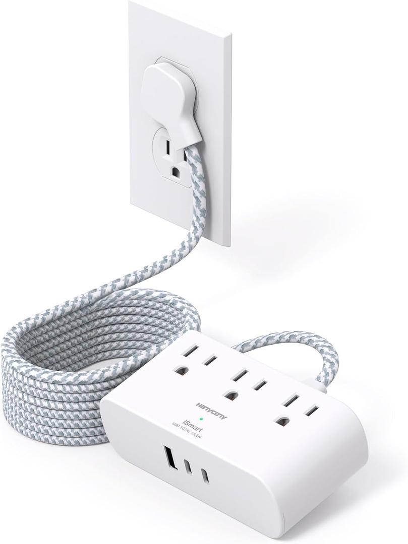 Flat Extension Cord 10 Ft, HANYCONY Ultra Thin Flat Plug Power Strip, 3 Outlets 3 USB Ports(2 USB C) Desk Charging Station, Power Strip with No Surge Protector for Cruise Ship Dorm Room Essentials (White)