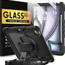 BLOSOMEET Protective Case for iPad Air 13 Inch M3 2025 & M2 2024 with Tempered Glass Screen Protector & Pencil Holder, Rugged Construction iPad Air 13 Cover with Stand Hand Shoulder Strap (Black)
