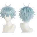 ANOGOL Hair Cap + Light Blue Wig for Men Short Blue Synthetic Hair Cosplay Wig Short Blue Spiky Wig Anime Light Blue Wig for Halloween Party