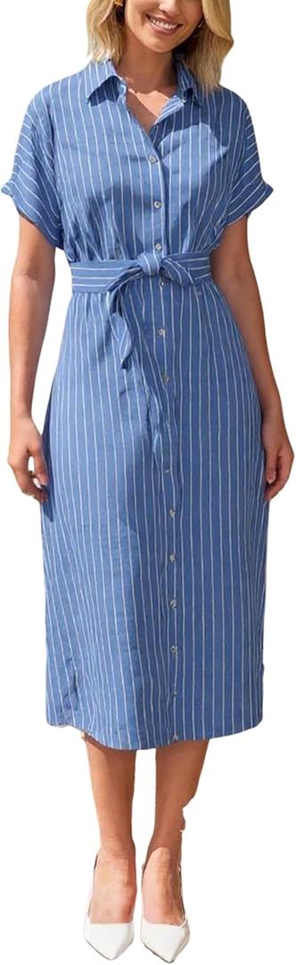 Yeokou Women Button Down Striped Shirt Dress Lapel Short Sleeve Tie Waist Casual Midi Dresses(Blue-M)