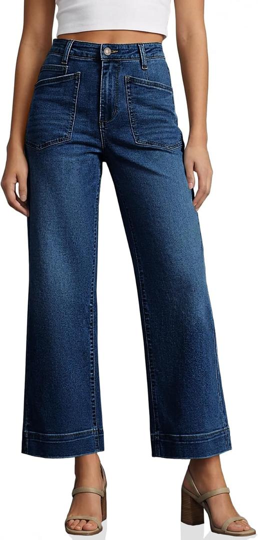 Cicy Bell Womens Cropped Wide Leg Jeans Stretchy High Waisted Trendy Baggy Denim Ankle Pants with Pockets (Size 2, Navy)