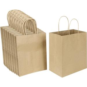 100 Pack 8x4.25x10.5 Inch Medium Brown Kraft Paper Bags with Handles Bulk for Wedding Birthday Party Favors Grocery Retail Shopping Business Goody Craft Gift Bags Sacks (Plain Natural 100 Count)