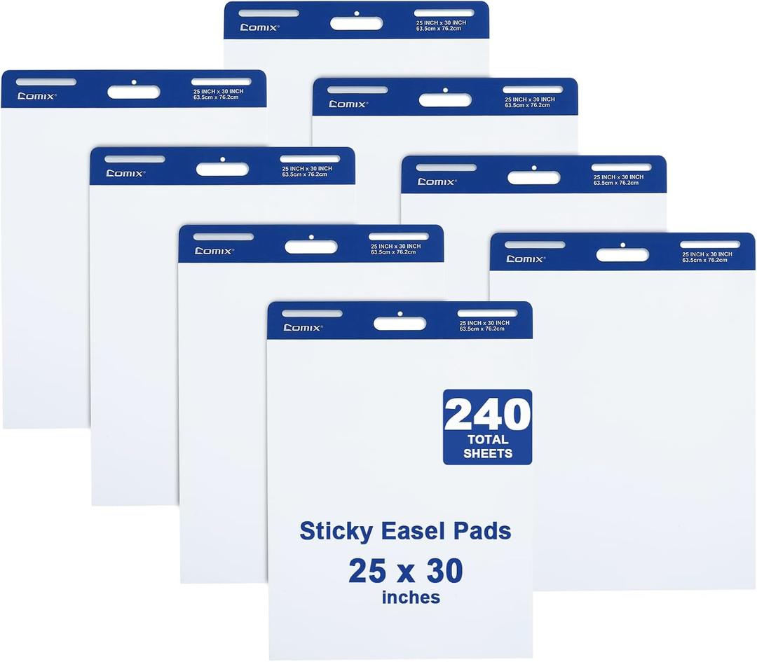 Comix Sticky Easel Pad, 25 x 30 Inches Flip Chart Paper for Teachers, Large Self Stick Easel Paper for Office School Classroom Supplies, 30 Sheets/Pad, 8 Pads/Pack