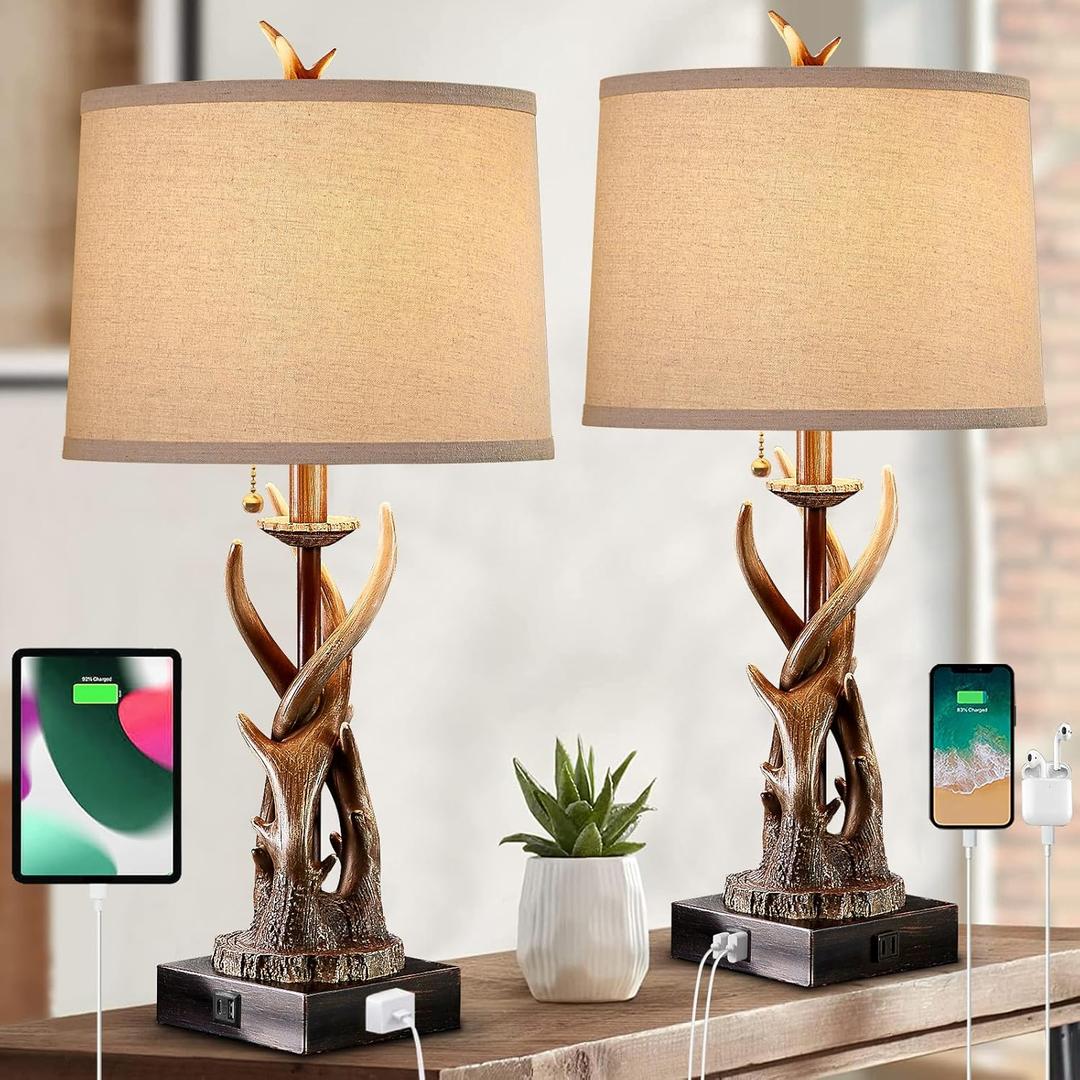 Rustic Antler Table Lamps Set of 2 with USB A+C Ports for Bedroom Farmhouse Deer Bedside Lamps with Linen Lampshade for Living Room End Table Hunting Themed Cabin Lamp Pull Chain