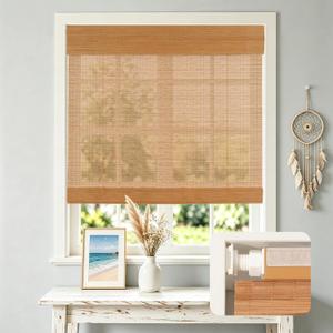 HESTIA No Drill Cordless Bamboo Roman Shades with Matching Valance, Light Filtering Natural Woven Roll Up Blinds for Living Room, Dining Room, and Sunroom, 35" W X 64" H