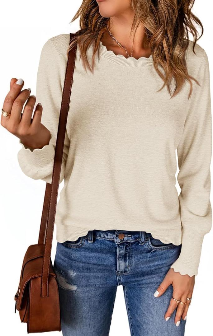 Cicy Bell Womens Crew Neck Long Sleeve Sweater Trendy Casual Scallop Trim Fall Knit Lightweight Pullover Tops (Small, Beige)