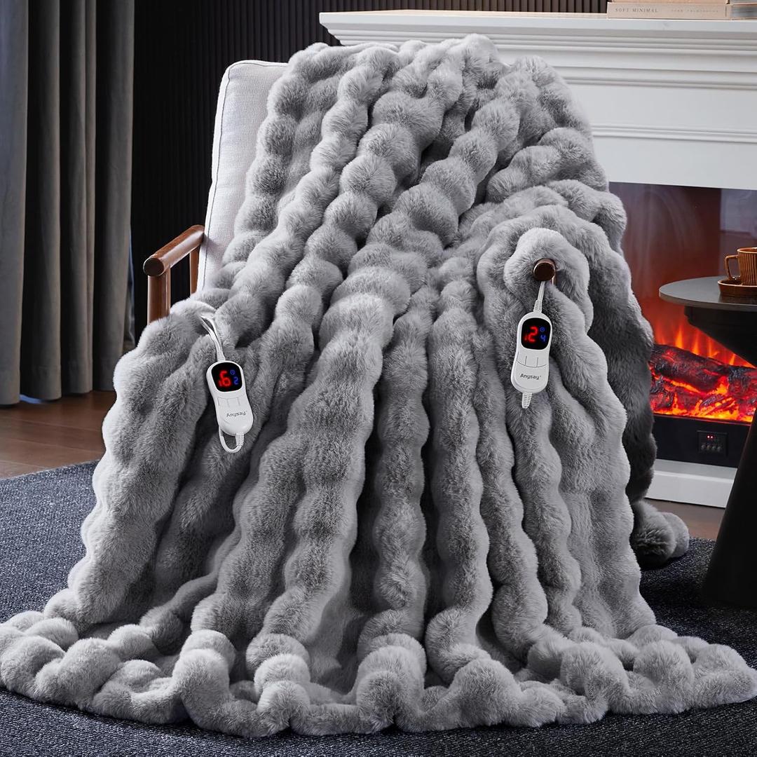 Heated Blanket King Size with 1/2/4/6/8 Hours Auto-Off 10 Heat Level, 90'' * 100'' Cozy Faux Rabbit Fur Bubble Electric Blanket with Overheat Protection (Light Grey)