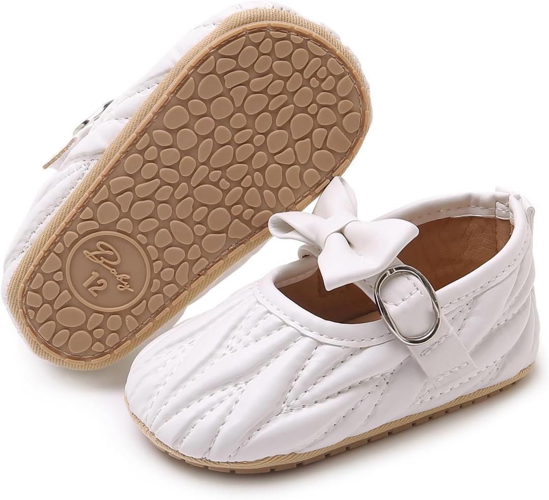 Baby Girls Mary Jane Flats Anti-Slip Rubber Sole Bow Toddler Princess Dress Shoes (White)
