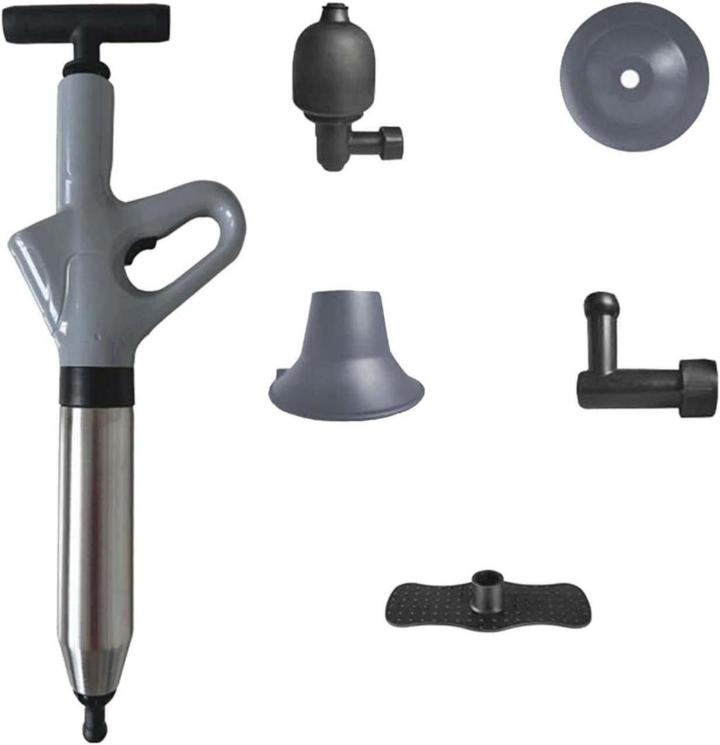 Generic Toilet Air Pressure Plunger, Air Pump Sink Clogged Plunger, with 4 Replaceable Head, Manual Drain Clog Unblock Tool for Bathroom Kitchen Home, Gray