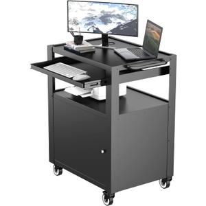 Argatin AV Cart with Keyboard Tary and Locking Cabinet Laptop Cart on Wheels Utility Carts and Pullout Tray - Max Capacity 350 lbs, 24.8''L x 18.1''W x 39.8''H