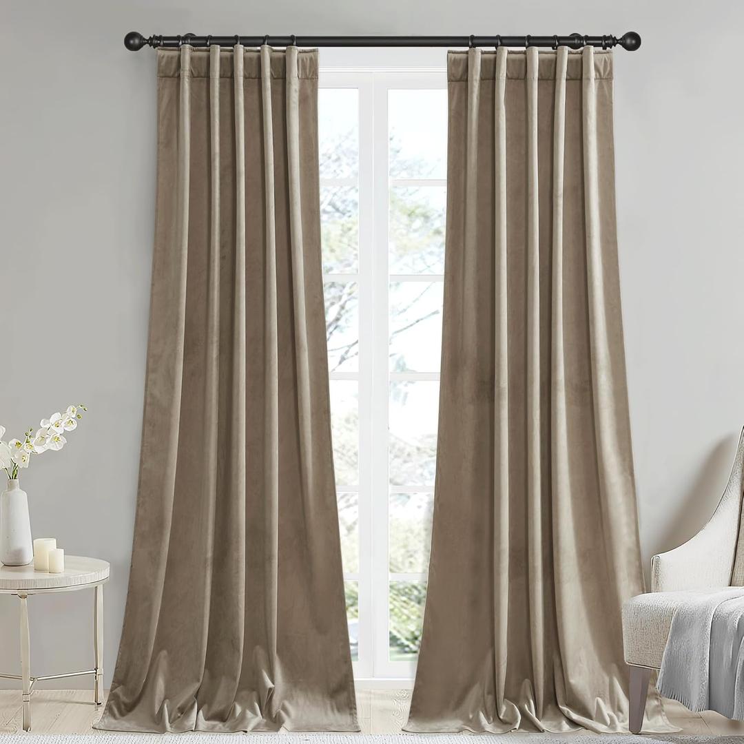 StangH 90 inches Long Camel Beige Velvet Curtains Light Blocking for Living Room, Farmhouse Home Decoration Drapes Thermal Insulated for Kids Nursery/Laundry, W42x L90, 2 Panels