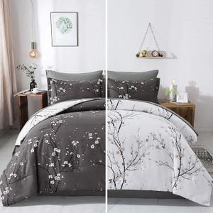 WONGS BEDDING Floral Cmomforter Set Queen,7 Pieces Bed in a Bag Comforter Reversible Flower Plum Bedding Set Queen Size（1 Comforter,2 Pillowcase,2 Pillow Shams,1 Flat Sheet,1 Fitted Sheet） 