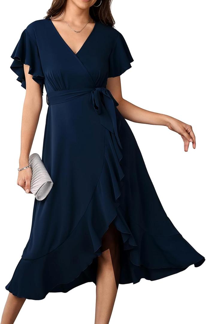 Womens Wedding Guest Midi Dress Flutter Sleeve V Neck Wrap High Low Bridesmaid Cocktail Formal Dresses for Women (Large)