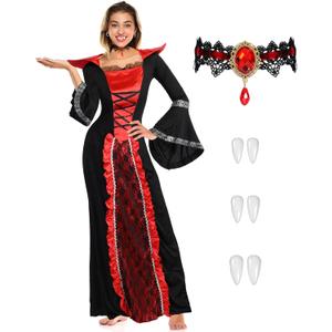 Xtinmee 5 Pcs Women Royal Vampire Costume Halloween Costume Adult Dress Victorian Vampire Teeth Fangs Necklace Role Playing (Small)