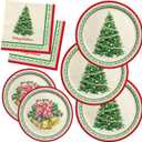 Christmas Party Supplies Kit, Serve 50, Christmas Tree Disposable Dinnerware Includes: Paper Dinner Plates, Dessert Plates, and Napkins, Great for Merry Christmas Party Decorations