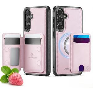 for Samsung Galaxy S24 FE MagSafe Wallet Case, 2-in-1 Detachable Luxury Card Holder, Universal MagSafe Compatible, RFID Blocking, Shockproof Kickstand Slim Cover，Strawberry Pink