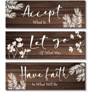 3-Piece Farmhouse Bathroom Accessory Set - Rustic Brown Wooden Wall Signs with Positive Words, Vintage Country Decor for Home Laundry Room (12x4 Inch)