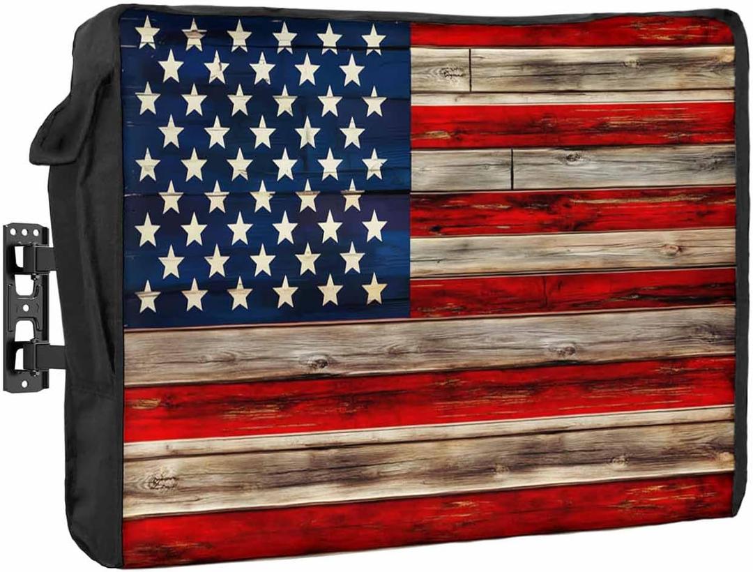 American Flag Outdoor TV Cover 80-85 Inches, Weatherproof & Waterproof, Red Striped Blue Star Enclosure with Remote Control Pocket, Vintage Wooden TV Screen Protectors