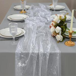 Snowkingdom 3 Pcs 10 FT Silver Cheesecloth Table Runner, 120 Inch Sheer Chiffon Gauze Runner, Sequin Glitter Silver Table Decoration Centerpieces for Wedding Birthday Christmas Bridal Baby Shower