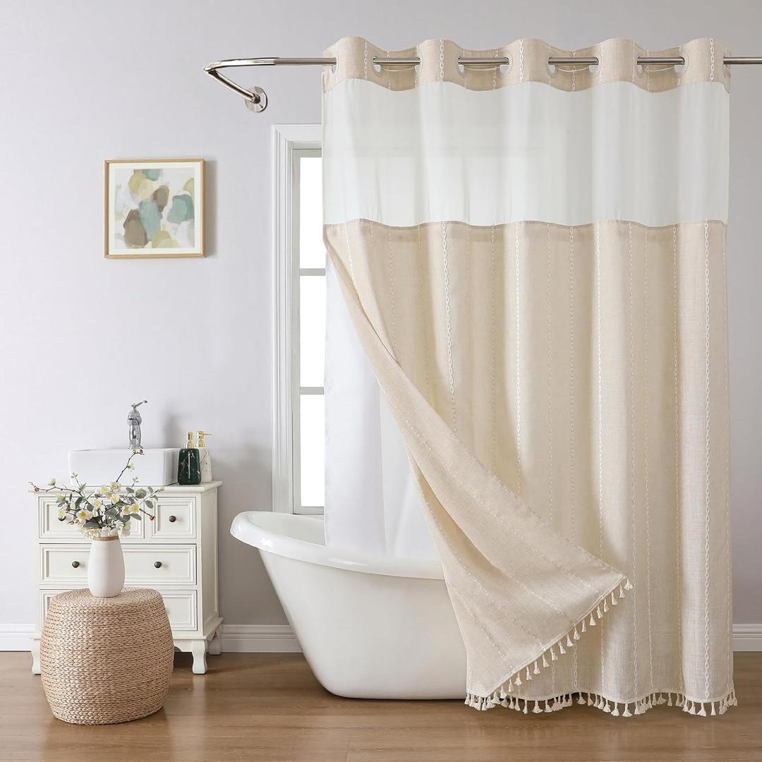 Boho Farmhouse No Hook Shower Curtain Set with Snap-in Fabric Liner, Heavy-Duty Linen Textured Rustic Striped Design, Water-Repellent with Tassels and Sheer Window, Cream/Beige, 71x74