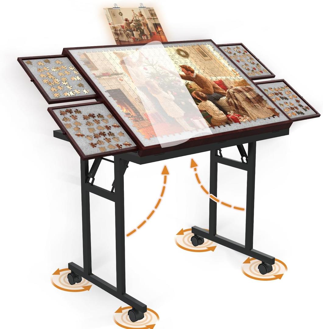 Doerpuz Puzzle Table with Folding Legs, 1500 Pieces Puzzle Table for Adults with Drawers, Cover, Wheels, 5 Adjustable Up Angles Wooden Jigsaw Puzzle Board for All Ages