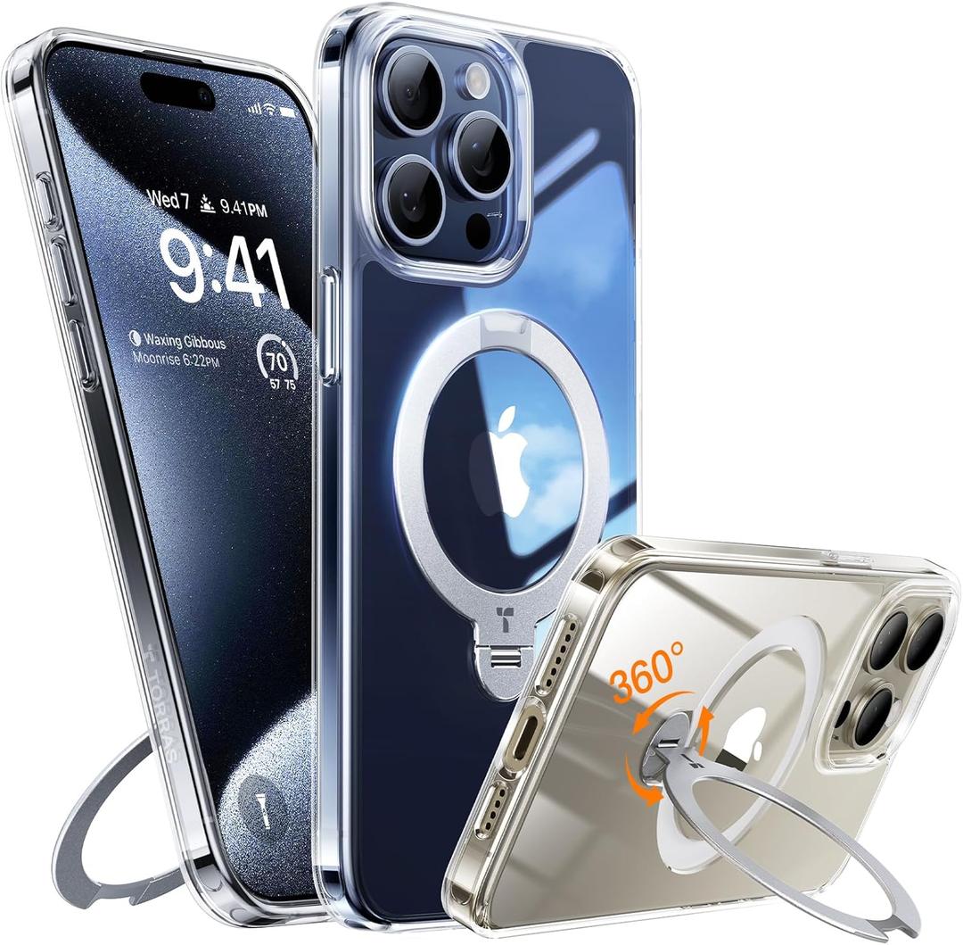TORRAS Upgraded 360 Spin Magnetic Stand for iPhone 15 Pro Case, [Compatible with MagSafe][Mil-Grade Shockproof][Built-in Kickstand & Ring Holder] Translucent Slim Back Soft Edge, Ostand Spin, Clear
