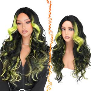 BARSDAR Black Green Highlight Long Wavy Wig with Curtain Bangs – 28 Inch Green Black Ombre Highlight Calico Wig for Women – Natural Looking Thick Soft Synthetic Wigs Party Halloween Gothic Costume
