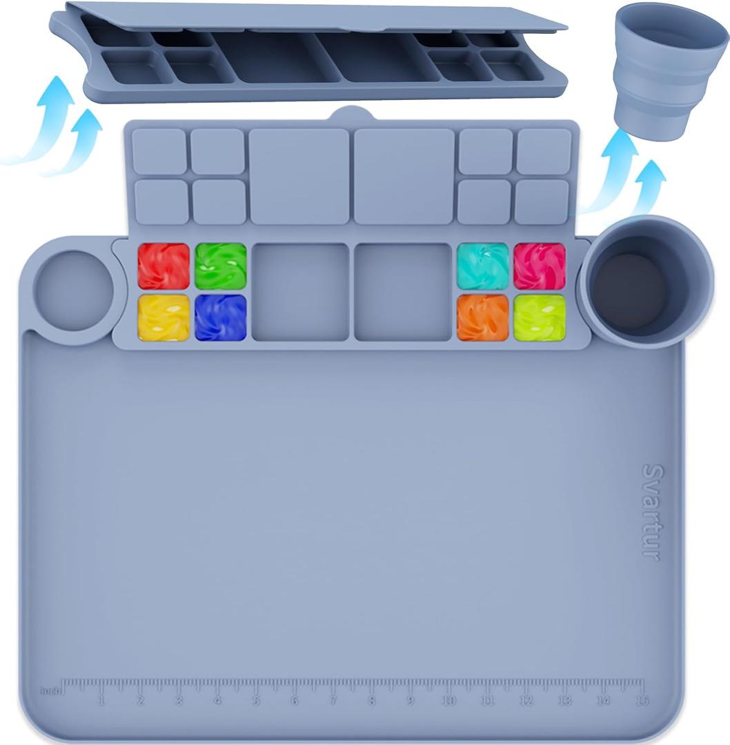 Painting Mat with Cup and Palette, 17"X13", Thick Silicone Art Mat for Craft, DIY Making, Gray