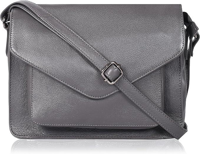 Leather Flapover Crossbody Handbag Purse for Women with Adjustable Strap & Overflap Snap Closure Tote/Bag, Grey