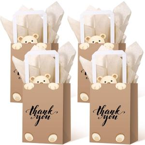 Eersida 16 Pcs Teddy Bear Thank You Gift Bags with Tissue Handles Baby Shower Bear Birthday Decorations Thank You Paper Bags Brown Candy Treat Supplies for Guests Wedding Prizes School Party Supplies