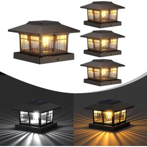 EXCMARK 4x4 Solar Post Cap Lights, 4 Pack Fence Deck Post Lights Outdoor Solar Powered Waterproof with Two Light Modes Warm&Cool White for Garden Patio Decor (Classic Black, 4)