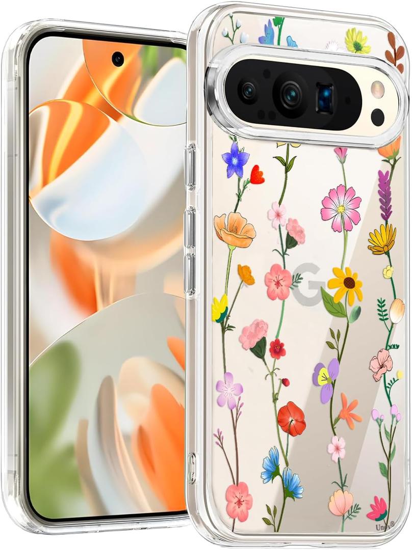 Unov Case Compatible with Pixel 9 Pixel 9 Pro Case Clear with Design Soft TPU Shock Absorption Slim Embossed Pattern Protective Back Cover (Aesthetic Flower)