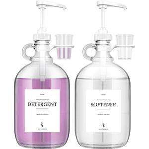 2 Pcs Glass Liquid Laundry Detergent Dispenser with Cup Holders, Half Gallon Dispenser for Laundry Room (64 oz. Each), Laundry Detergent Bottles with Pump Dispenser -Includes Labels, Measuring Cups