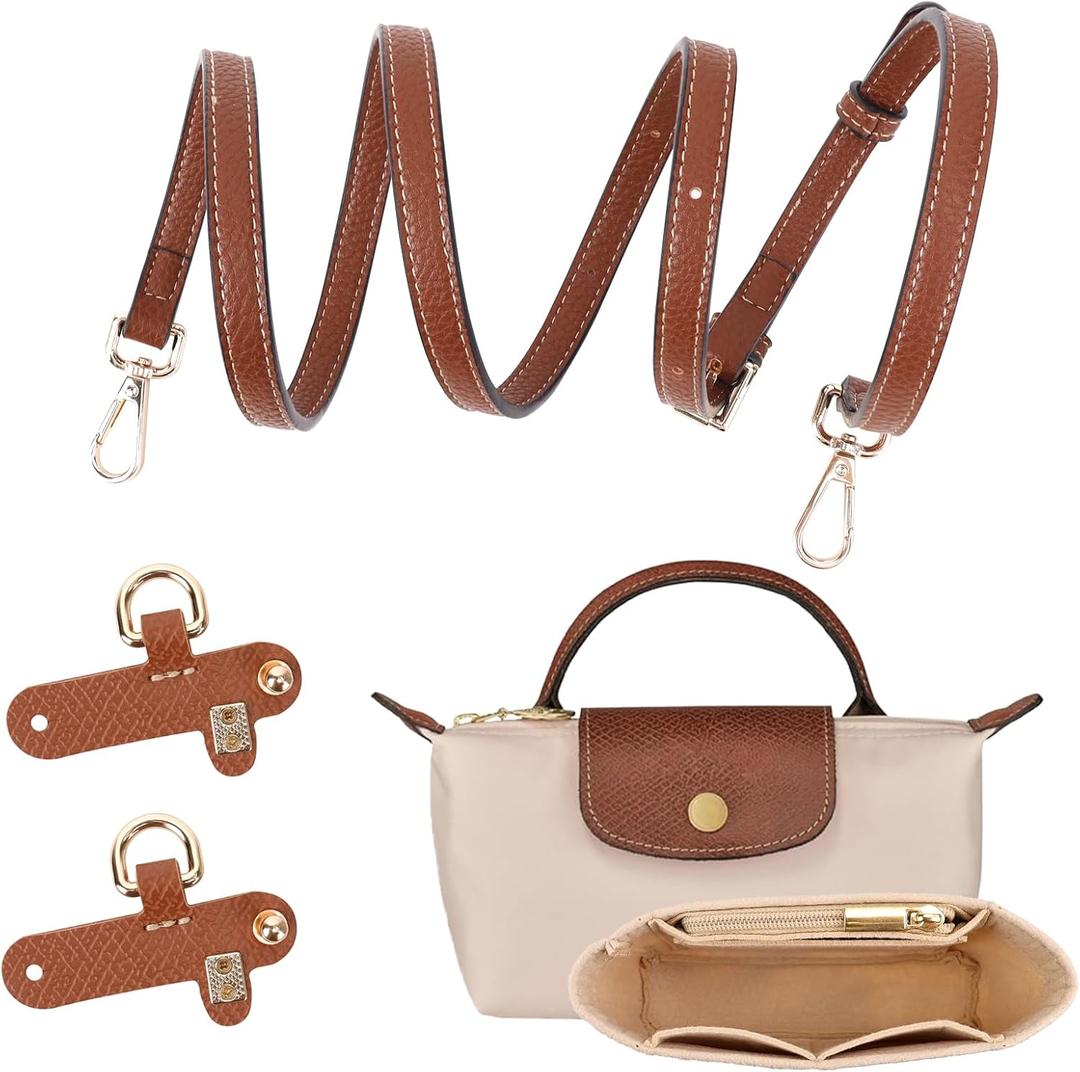 2Sets Mini Bag Strap Kit and Organizer Compatible with Longchamp, Folding Tote Bag organizer insert, Punch-Free Adjustable Buckle Strap Design, Multi-Pocket Felt Handbag Organizer, (1.2cm)