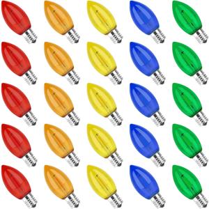 C9 Led Replacement Bulbs for Christmas String Light, Colored Light Bulbs Shatterproof for Outdoor Indoor Holiday Decoration, E17 Screw Base, Multicolor 25 Pack