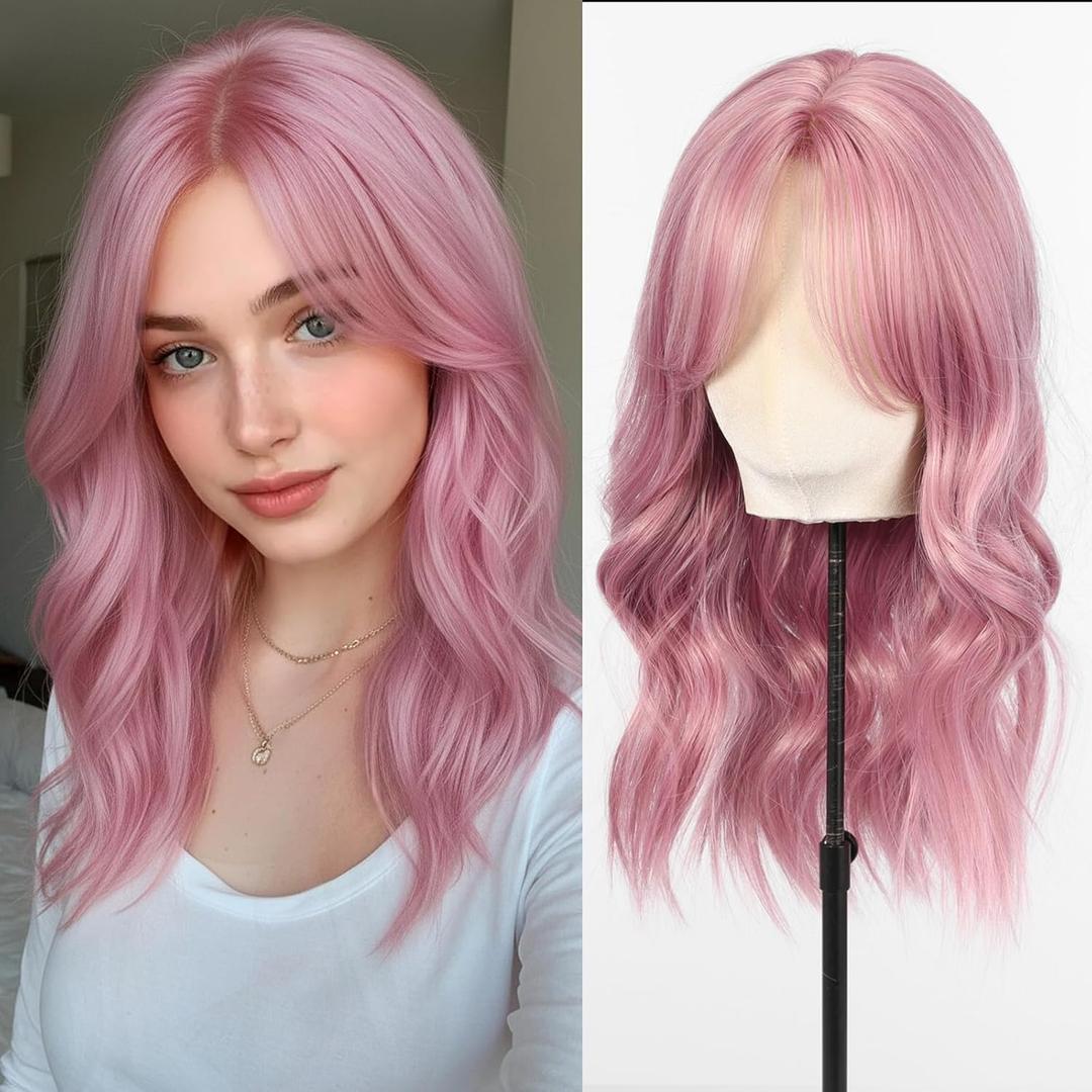 testar Pink Wig Medium Length Lavender Wigs for White Women 20 Inch Short Middle Part Bob Wig Heat Resistant Synthetic Wavy Curly Wigs for Girls Daily Party/Christmas Use