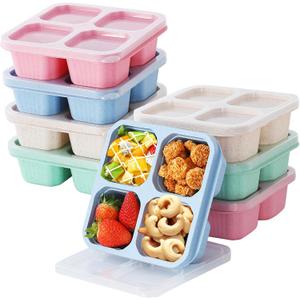 8 Pack Bento Snack Containers Set 4 Compartment Food Storage Containers Wheat Straw Meal Prep Lunch Box Plastic Food Storage container, Microwave and Dishwasher Safe (8pack4colour)