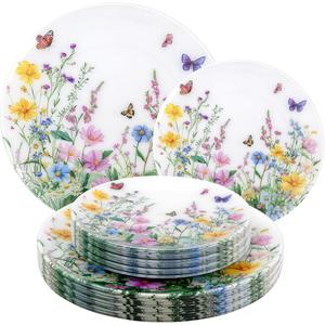 bUCLA 24-Piece Floral Plastic Plates - Cosmos Print Disposable - Include 12 Each (10.25 inch Dinner & 7.5 inch Dessert) Plates for Catering, Party, Spring Gatherings