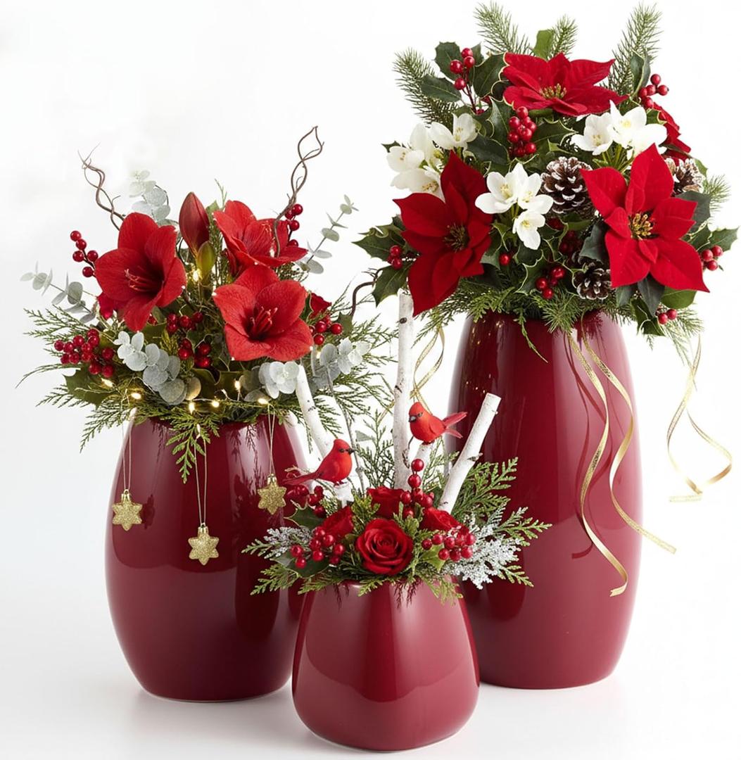 hjn Ceramic Vase Set of 3 Red Flower Vase for Home Decor, Modern Decorative Vase for Flowers Vases for Your Ideal Shelf Decor/Table/Living Room/Kitchen/Office-Red…
